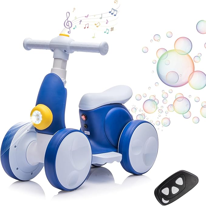 6V Electric Baby Balance Bike for 1 Year Old Boys Girls Ride on Toys 12-36 Months Toddler Balance Bike, 4 Wheels Kids First Bike with Remote Control First Birthday Gifts- Blue