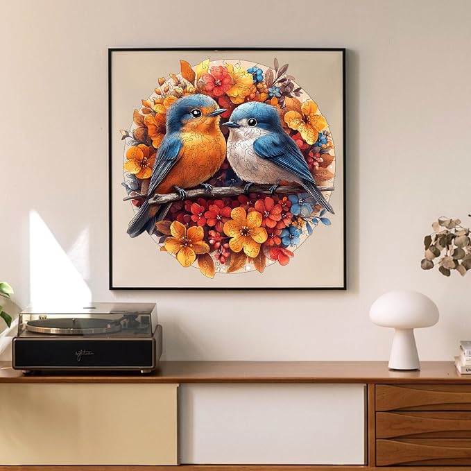 Mys Aurora Wooden Puzzles for Adults, Robin Bird Couple Jigsaw Puzzles 200 Pieces, 11 x 11.2 Inch, Medium, Unique Shaped Round Blue Birds Puzzles for Adults and Kids, Family Game