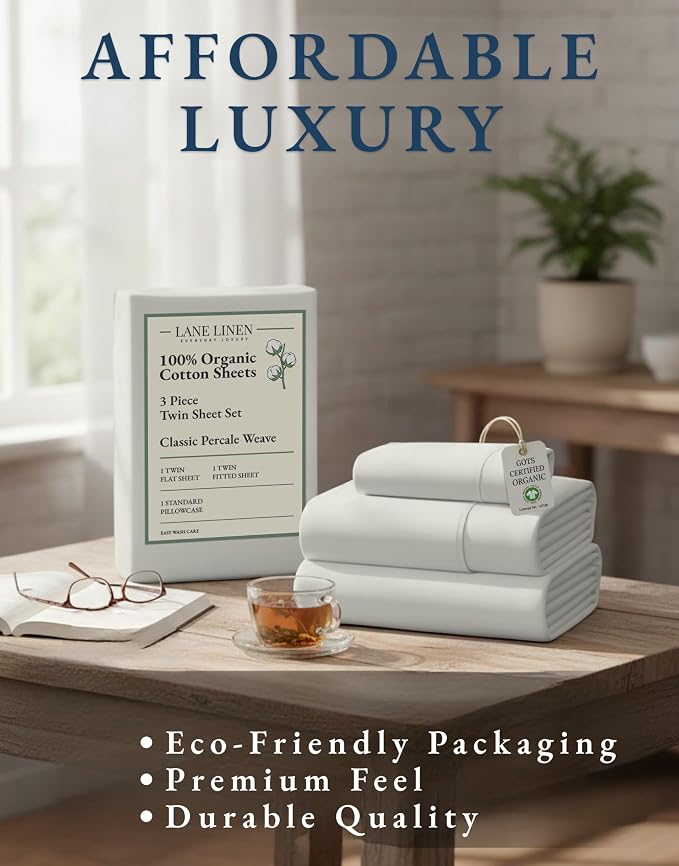 LANE LINEN Twin Sheet Set 100% Organic Cotton Percale Soft - Glacier Grey | Twin Sheet Set, 100% Organic Cotton Percale - Crisp Hotel-Style Feel, Soft From The First Wash, Crisp Cool Percale Weave