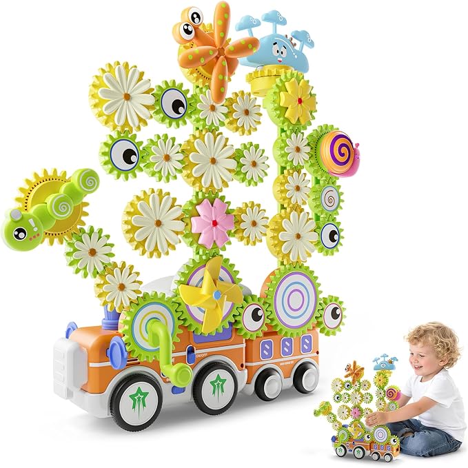 Gears Building Toys for Kids Ages 3+, STEM Construction Set for Toddlers, Train and Flower Models with Electric & Manual Modes, Lights and Music, DIY Educational Learning Toys Gift for Boys and Girls