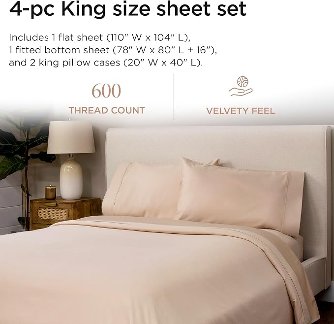 Threadmill 100% Cotton Sheets for King Size Bed - 600 Thread Count King Bed Sheets Set with 16” Deep Pocket - Sateen Weave 4-Piece Bedding Set with Cooling Effect, Beige