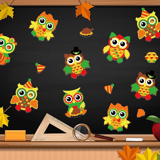chiazllta 30 Packs Fall Craft Thanksgiving Owl DIY Art Craft with Fall Autumn Leaves Pumpkins Stickers Make Your Own Owl Set for Home Game Activities