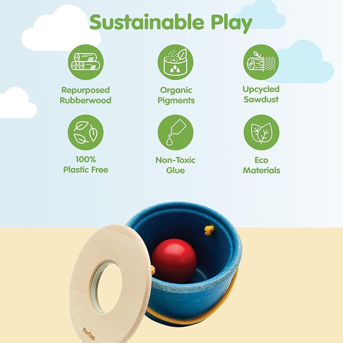 PlanToys® Pop 'N' Drop Bucket | Wooden Object Permanence Toy for Babies 6M+ | Montessori Interactive Ball Dropping Toy with Lid | Develops Hand-Eye Coordination, Motor Skills & Cause-&-Effect Learning