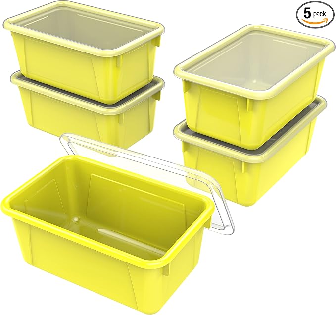 Storex Small Cubby Bins – Plastic Storage Containers for Classroom with Non-Snap Lid, 12.2 x 7.8 x 5.1 inches, Yellow, 5-Pack (62410A05C)