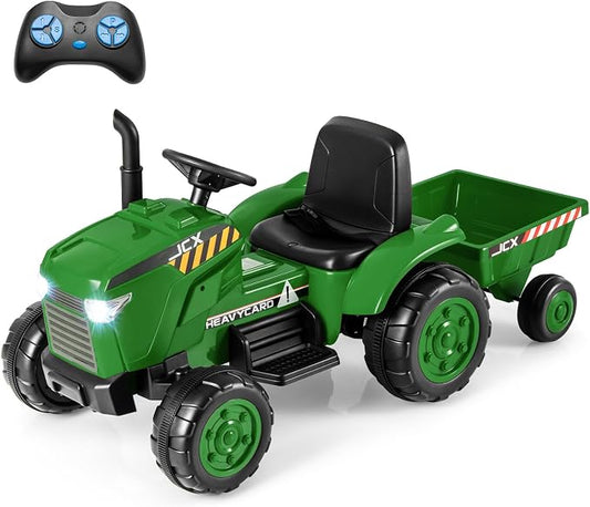 Costzon 2-in-1 Ride on Tractor, 12V Kids Ride on Car w/Detachable Trailer, Remote Control, Wireless Connection, Horn, Music/Lights/Spring Suspensions, Tractor Toys for Kids (Plastic Tires, Dark Green)