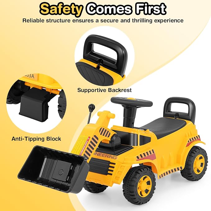 Costzon Ride On Bulldozer, Sit and Scoot Ride on Push Car for Toddlers with Helmet, Front Loader Shovel & Engine Sound, Under-seat Storage, Anti-Rollover Device, Kids Construction Truck, Gift