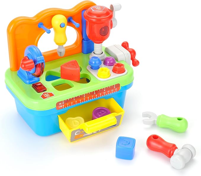 Toddler Tool Bench Toys for 1 Year Old Boy, Kids Tool Bench Toys for Toddlers 1-3, Multifunctional Early Learning Tool Toy Baby Workbench Toy with Light & Sound, Baby Tool Set with Shape Sorter
