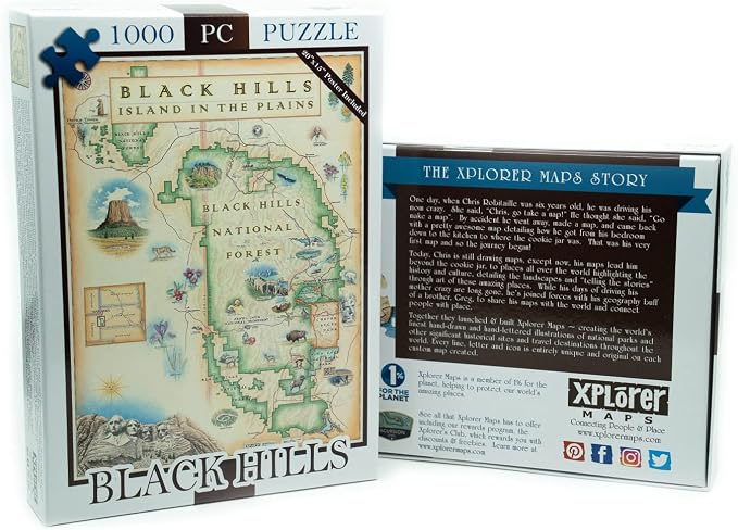 Mount Rushmore, Black Hills National Forest, Devils Tower Map Cardboard Jigsaw Puzzle - 1000 Pieces, Hand-Illustrated - Educational, Family Activity, Ages 7+, Includes Poster - 25.4 x 19.8