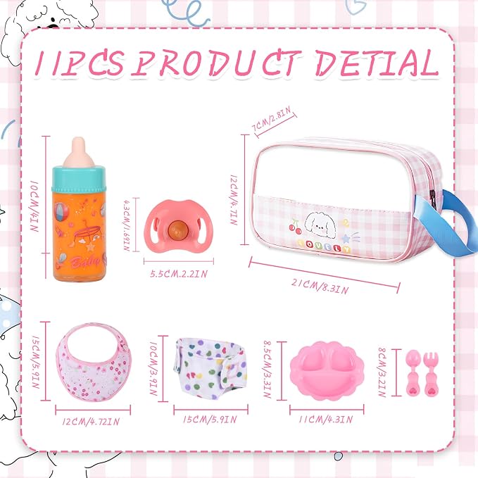 CARANOVO Baby Doll Accessories Set – 7 Pcs Feeding Bottle Toys, Magic Disappearing Milk & Juice, Pretend Play Set with Pacifiers, Reusable Bibs and Diapers, Kids Gift