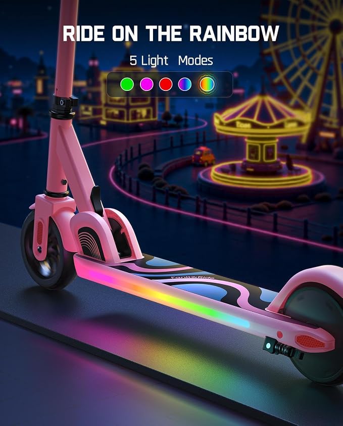 FanttikRide C9 Pro Kids Electric Scooter Ages 8-12, Colorful Rainbow Lights, E-Scooter for Kids 3.9-5.2 ft, 132 lbs, 5 Miles Range, Up to 40 min Ride Time, 5/8/10 MPH, 3 Adjustable Heights