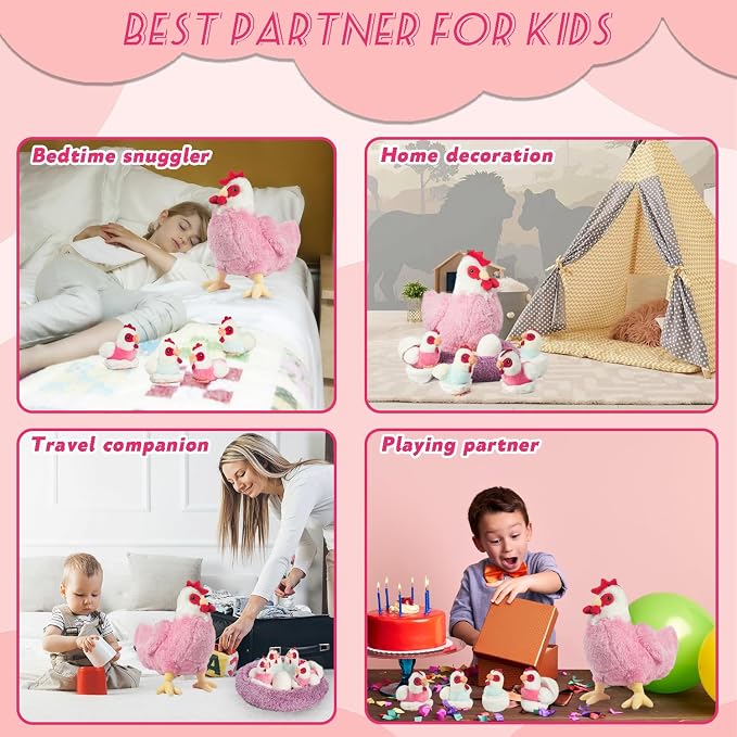 9 in 1 Chicken Stuffed Animal Set, Zippered Stuffed Chicken Plush Toys for Kids Egg Laying Hen with Coop, Plush Chickens and Eggs, Pink Chicken Toys for Kids Christmas Birthday Gifts Party Decor