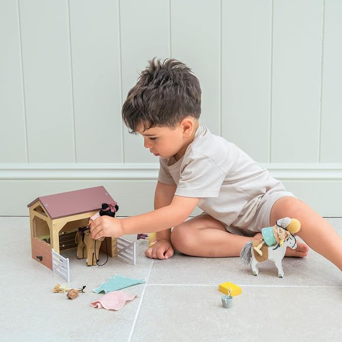 Tender Leaf Toys - The Stables - 13 Pcs Imaginative Horse Stables Play Set with and Accessories - Animal Learning Pretend Play and Promote Creativity - Age 3+