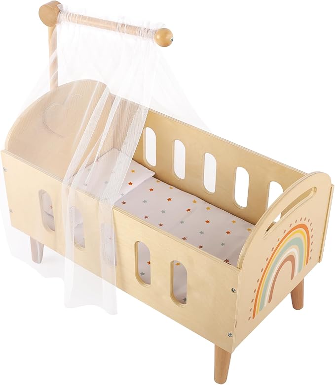 Freniland Wooden Doll Crib Bed for 18 Inch Dolls, Baby Doll Furniture Set with Sheer Canopy and Soft Fabric Mattress, Pretend Play Nursery Accessories for Toddlers