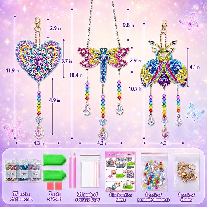 Diamond Art Kits for Kids Ages 8-12, 3PCS DIY Diamond Art Painting, DIY Sun Catcher Wind Chimes for Home/Garden/Classroom Decor, Creative Gem Painting Gifts for 8 9 10 11 12 Year Old Girls Teen Adults