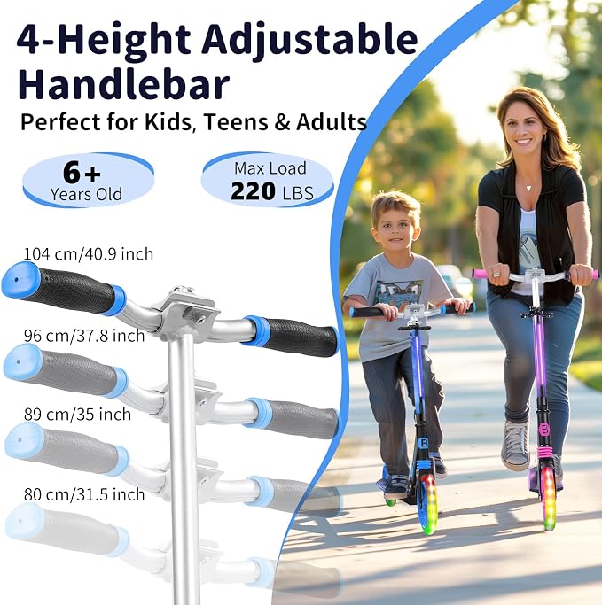 BELEEV V8 Scooters for Kids Ages 6+ with Light-Up Deck, 2 Wheel Folding Scooter for Kids, 4 Adjustable Height, Lightweight Sport Commuter Scooter, Sturdy Frame