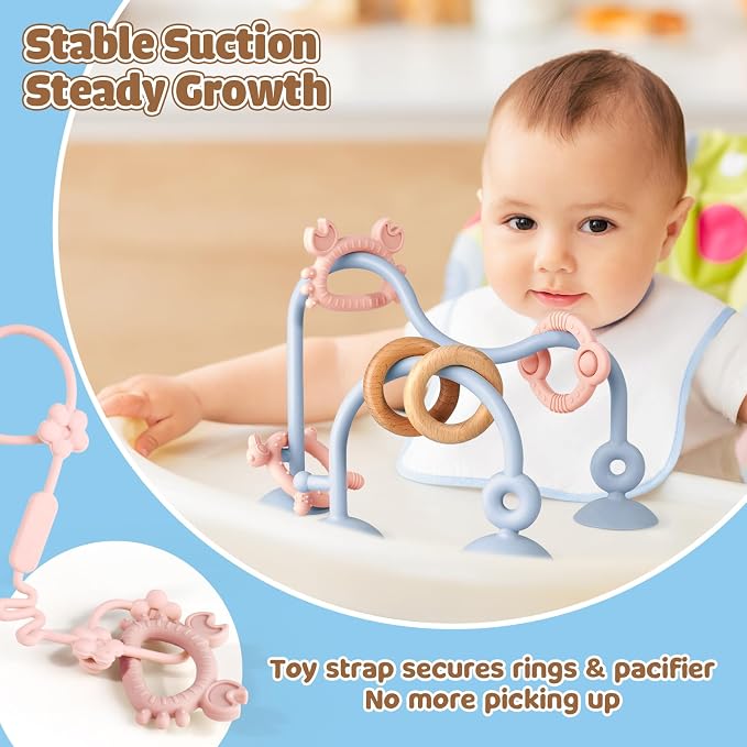 Baby Teething Relief Sensory Toys, High Chair Suction Cup Toy | Silicone Teether Tactile Developmental Toys for Babies, Montessori Activity for Airplane Travel, Table, Highchair Tray
