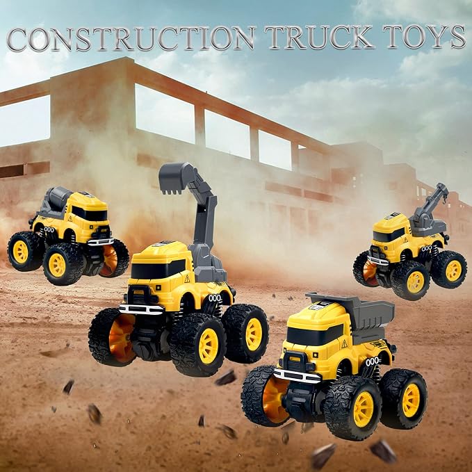 Construction Truck Toys for Boys - 4 Pack Excavator, Mixer, Crane, Dump Trucks Push and Go Friction Powered Cars Monster Trucks Toy for Kids Birthday Party Favors Gifts for 3+ Year Old Boys Girls