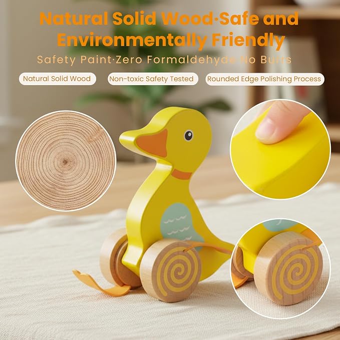 Wooden Push Toys for Toddlers 1-3, Baby Pull Along Stick Walking Duck | Montessori Early Development Toy for 1 Year Old Girls Boys Birthday Gift