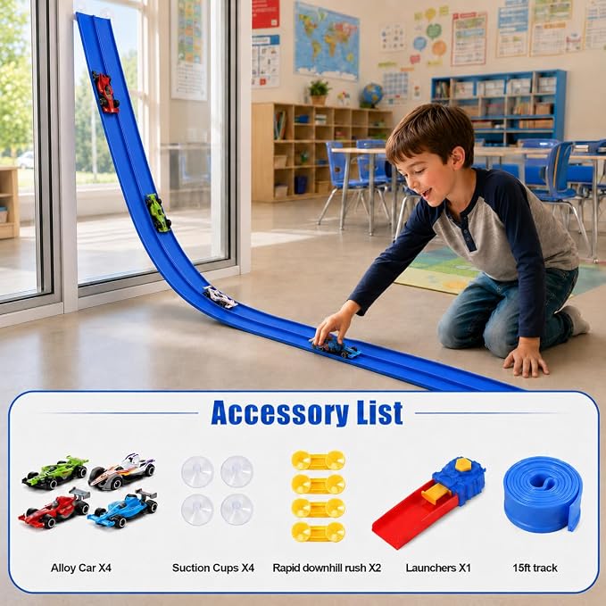 Flexible Race Track Set for Kids: 13 Ft Suction Cup Flex Race Track with 4 Car and 2 Thruster - Rolls Up Portable Racetrack Compatible with Diecast 1/64th Cars Model - Birthday Gifts for Ages 3 4 5 6