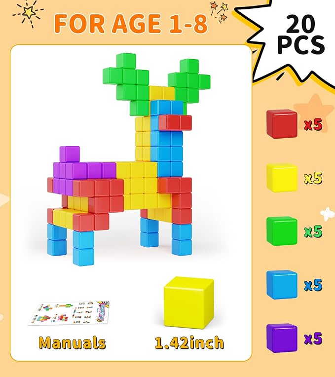 Large Magnetic Blocks Travel,20PCS 1.42in Building Blocks for Toddlers 3-5,Magnet Cubes for Toddlers,Sensory Montessori Toys Sets Learning Construction Squares Stem Toys for Boy,Girl,Kids,Kit,Gift,4-8