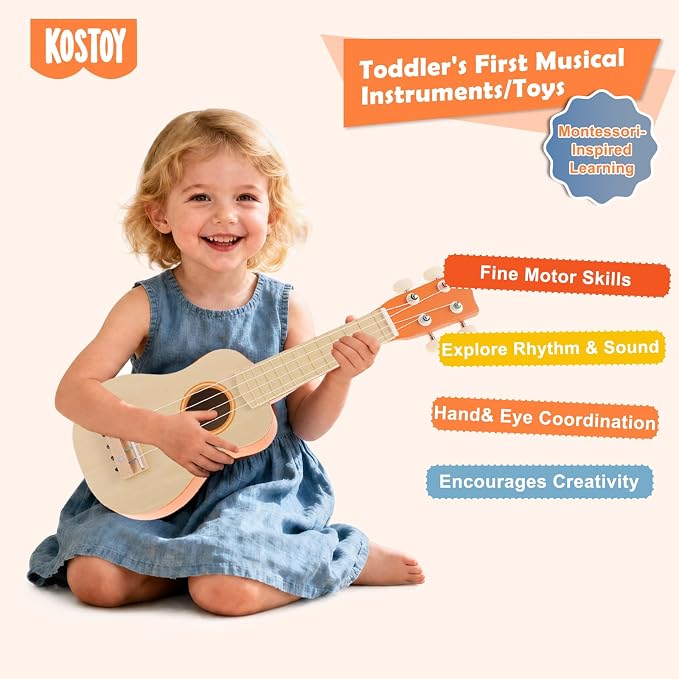 Kids Guitar Set, 6-in-1 Musical Instruments Set for Toddlers 2-3, Montessori Wooden Music Toys with Ukulele/Xylophone/Tambourine/Maracas, Birthday for Ages 2+ Girls Boys