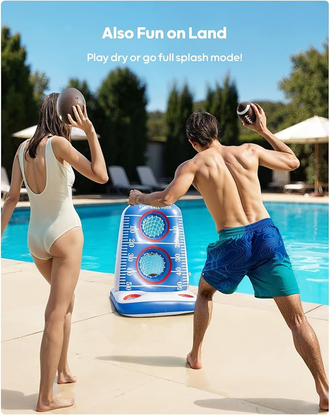 QPAU Inflatable Football Toss Game for Pool – Water Football Target with 4 Balls & 2 Pumps, Dual Net Design, Stable Base, Summer Pool Game for Kids & Adults (Blue+White)