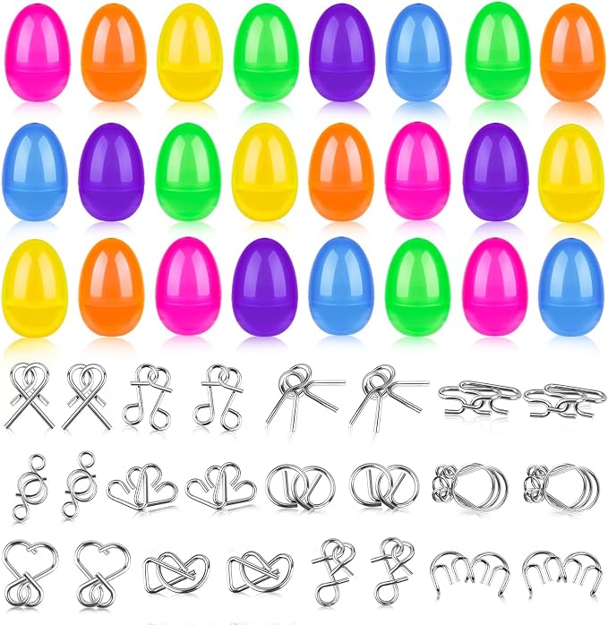 48 Pcs Prefilled Easter Eggs with Metal Brain Teaser Puzzles Iron Link Unlock Interlock Game for Egg Hunts Party Favors Easter Basket Stuffers