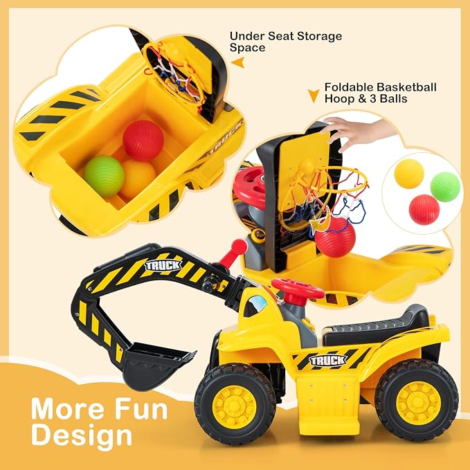 Costzon 6V Ride On Construction Excavator, Outdoor Digger Scooper Tractor Toy W/Safety Helmet, Rocks, Horn, Underneath Storage, Moving Forward/Backward, Pretend Play Ride On Truck (6V)