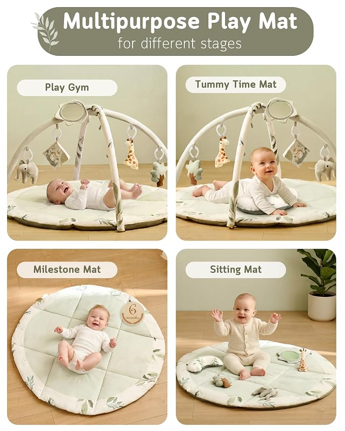 Fortella Baby Play Gym & Activity Mat, Machine Washable & Foldable Tummy Time Mat with 5 Detachable Toys, Certified Safe Newborn Essentials Gift for Baby Registry 0-12 Months (Sage Green)