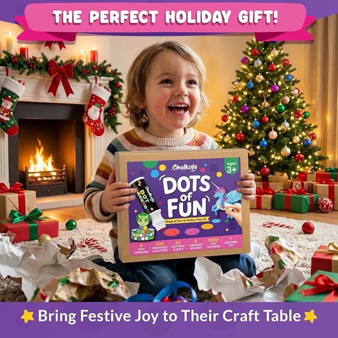 Chalkola Dots of Fun - 8 Washable Dot Markers + Dot Art Sticker Activity Kit | Toddler Art & Craft Supplies for Kids, Stocking Stuffers, Gifts for Boys & Girls Ages 3, 4, 5, 6, 7 Year Old