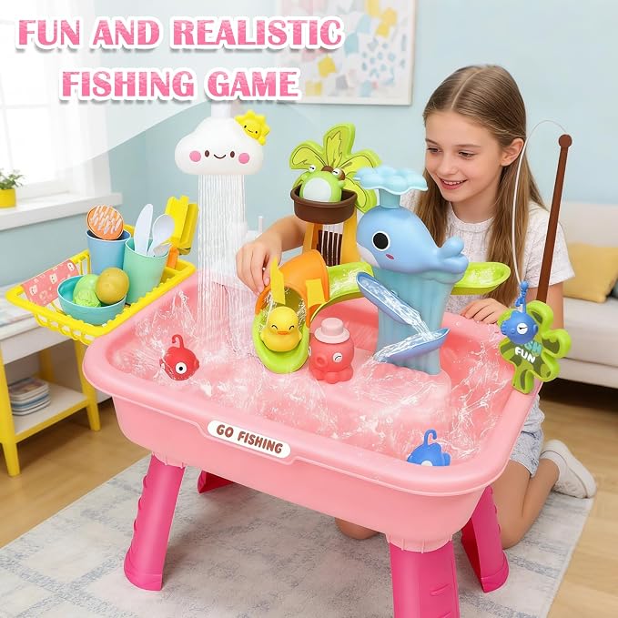 Water Table for Toddlers 1-3, Kids Play Sink for Toddlers with Pump, Whale Slide, Waterfall Shower & Pretend Kitchen Accessories, Summer Baby Water Toy for Outdoor Backyard Sensory Play (Pink)