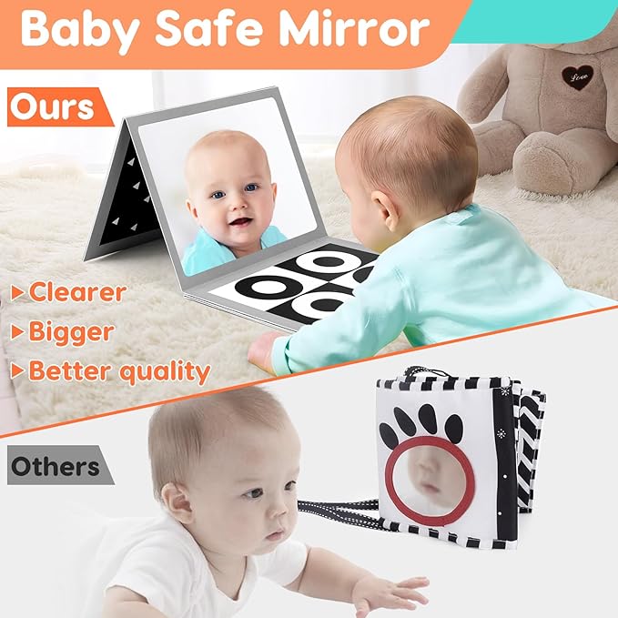 Black and White High Contrast Baby Books Flash Cards Tummy Time Mirror Toys Newborn Toys 0 6 Months Brain Development Infant Stimulating Sensory Toy 0-3 3-6 2 4 5 Month Old Essential