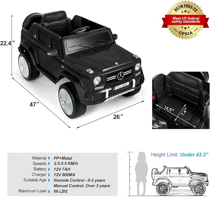 JOYLDIAS Licensed Mercedes-Benz G650S Ride On Car for Kids, 12V7AH Kids Ride On Truck W/LED Underglow Lights,Remote Control, 3 Speeds,Music,Bluetooth,Twin Motors, Spring Suspension, Black