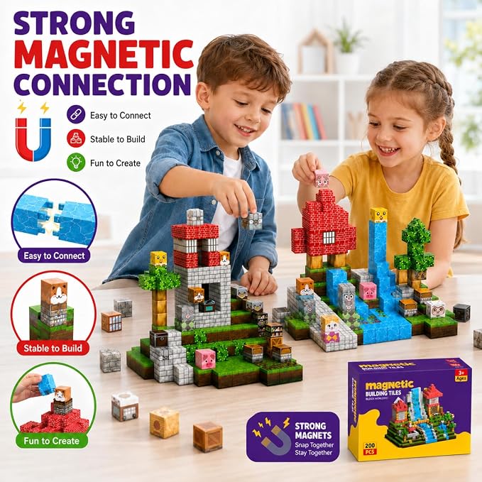 AuroraSynth 200PCS Magnetic Blocks - 0.8in Magnetic Building Blocks Cubes, Magnet Toys for Kids, Stacking Construction Magnets, School STEM Toys Birthday for Boys & Girls Ages 3+