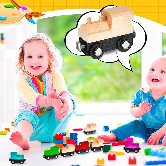 Halloscume Unfinished DIY Wooden Trains Magnetic Unpainted Wooden Train Cars Toys for Railway Paint Project, Birthday Party Decorations Back to School Crafts Gifts Supplies (Classic)