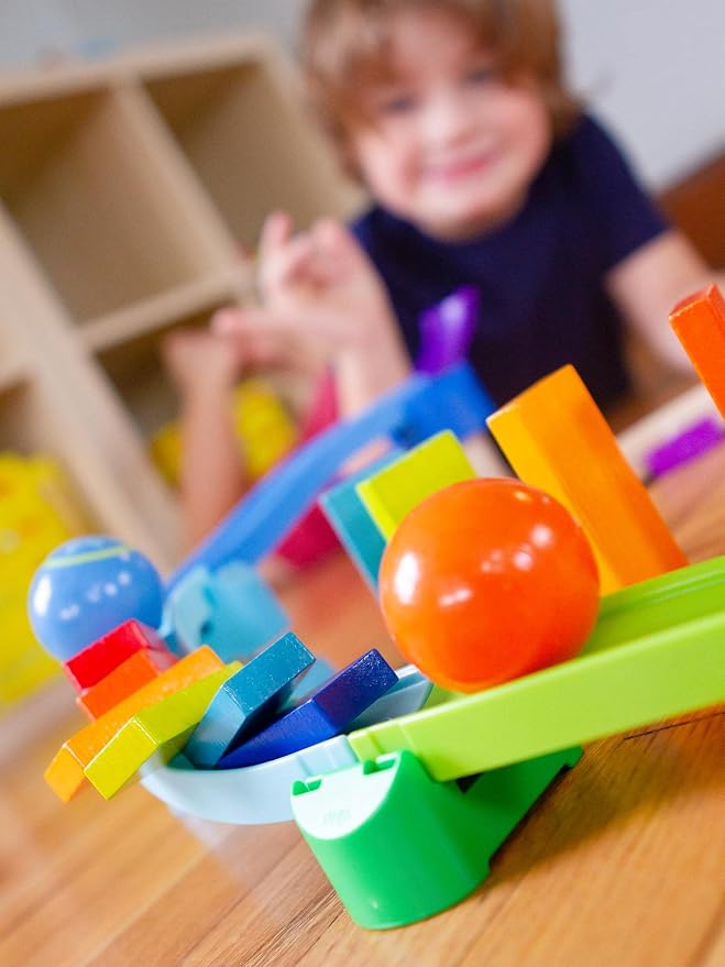 HABA Kullerbu Kringel Domino Playset - 33 Piece Ball Track Starter Set with Two Sets of Falling Dominoes - Ages 2+