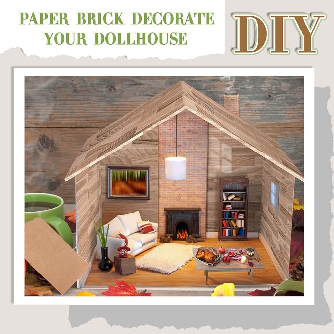 Flutesan 6 Pcs Miniature Dollhouse Wallpaper and Flooring Peel and Stick Mini DIY Self Adhesive Dollhouse Accessories 8.27 x 11.69 Inch (Natural Style)