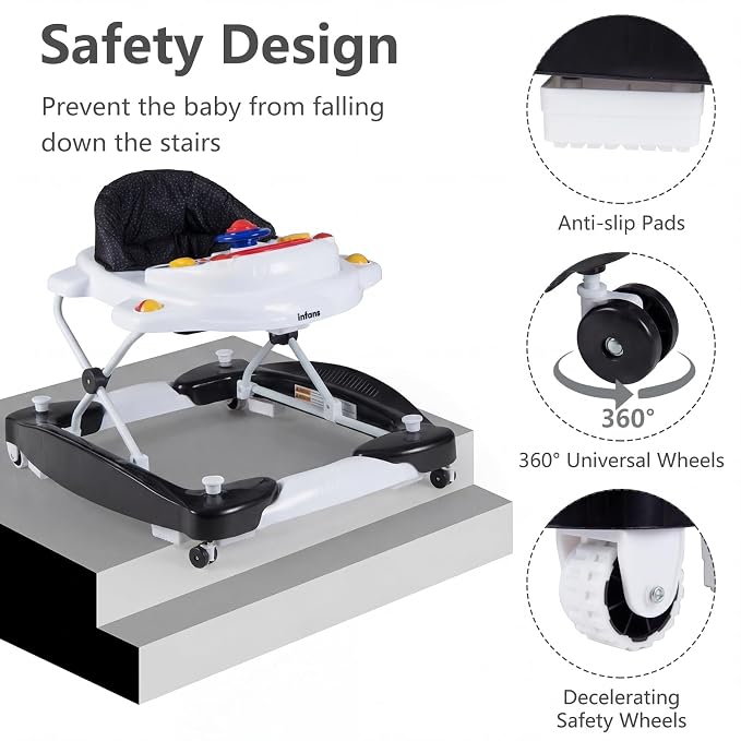 INFANS Baby Walker, 5 in 1 Behind Walker Learning Seated Rocker Bouncer with Removable Music Tray, Adjustable Height, Washable Seat Cushion, Foldable Activity Center for Toddlers (Dark)