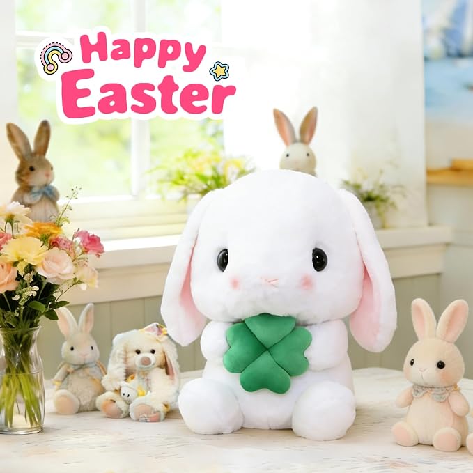 HOUPU Soft Toy - Sitting Lop Eared Rabbit, Easter White Rabbit Stuffed Bunny Animal with Carrot Soft Lovely Realistic Long-Eared Standing Pink Plush Toys (White-Four Leaf,8.6in/22cm)