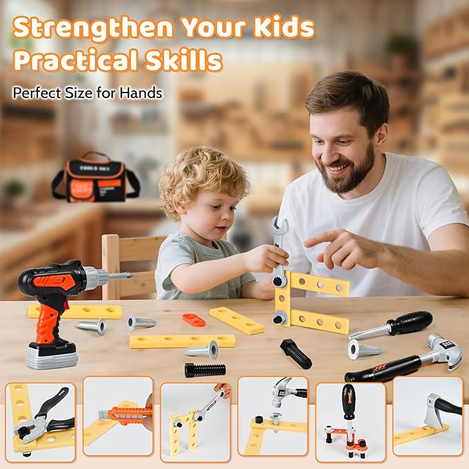 Premium Kids Tool Set, Portable Carrying Bag with Battery Powered Toy Drill, Easy-Grip Pretend Play Toddler Tool Kit, Construction Toys for Boys & Girls Age 3-8, STEM Gifts