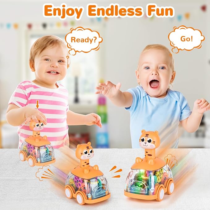 ShinySong Press and Go Car for Toddlers, 2 Pack Light Up Baby Animal Car Toys with Visible Gears, Birthday Gifts for Boys Girls, Tiger 2PCS