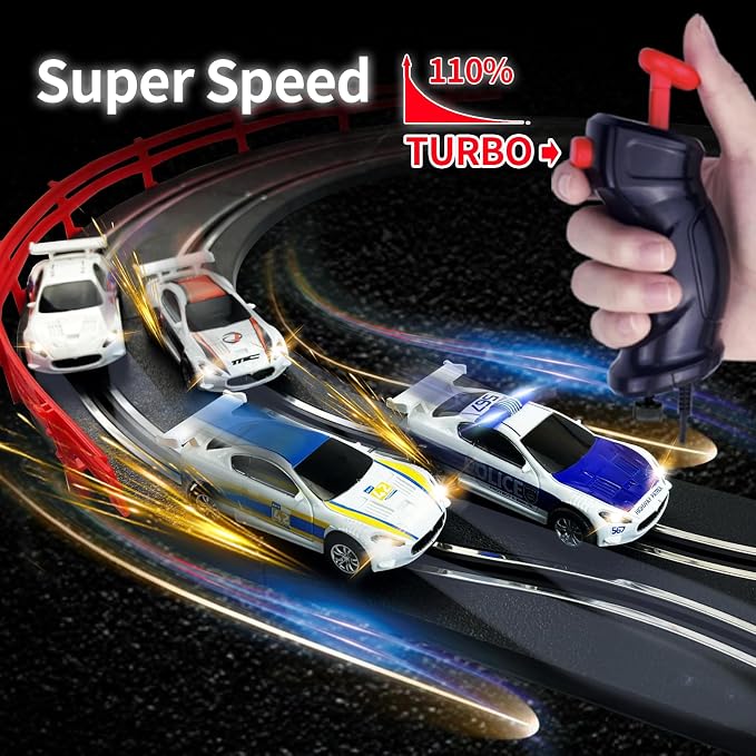 AGM MASETCH Slot Car Racing Track Set with 4 Unique Slot Cars, Battery Powered or Electric Car Track, Gift Toys for Boys Girls 4-12 Years Old