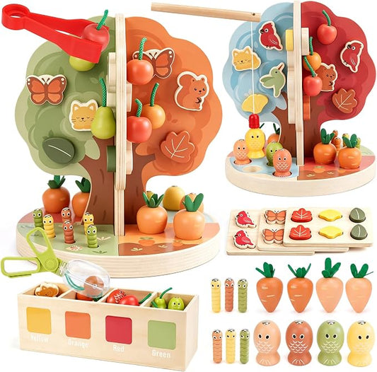 Joyreal Montessori Toys for 3-5 Year Old - 9-in-1 Wooden Magnetic Apple Tree Toy with Radish Pulling Fishing Game, Fine Motor Skills Sensory Educational Toy for Toddlers, Preschool Gift for Boys Girls