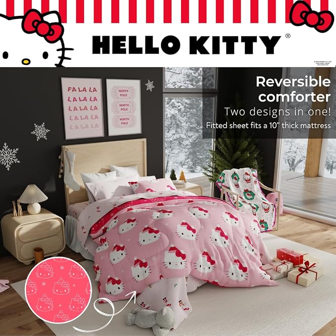 Sanrio Hello Kitty Holiday & Christmas Bedding Soft Comforter and Sheet Set with Sham, 7 Piece Full Size (Officially Licensed Product) By Franco