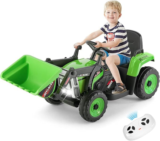 JOYLDIAS Ride On Excavator, 12V7AH Electric Car for Kids 3-8 W/2.4GHz Remote Control, Electric Construction Vehicle Bulldozer/Tractor for Kids Digger with 3 Speeds,Bluetooth,Music,Lights,Green