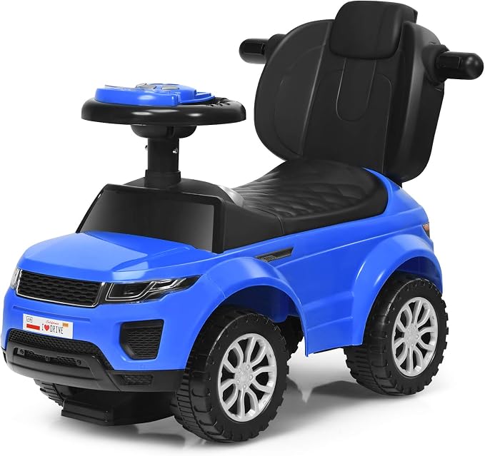 Costzon 3 in 1 Ride on Push Car, Stroller Sliding Walking Car with Horn, Music, Light, Under Seat Storage, Parental Handle, Armrest Guardrails, Ride on Toy for Boys & Girls (Blue)