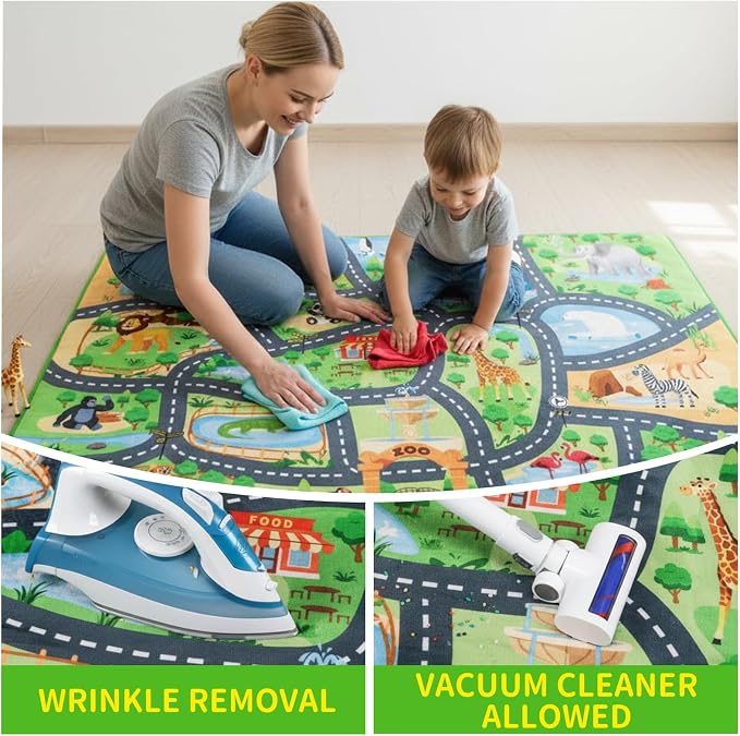 Car Rug Play Mat,4'11" x 6'7" Zoo Park Road Car Mat for Kids,Non-Slip Animal Car Track Rugs for Kids Toy Cars,Educational Kid Road Playmat Rug for Playroom Bedroom Kid Room(for Age 2+)