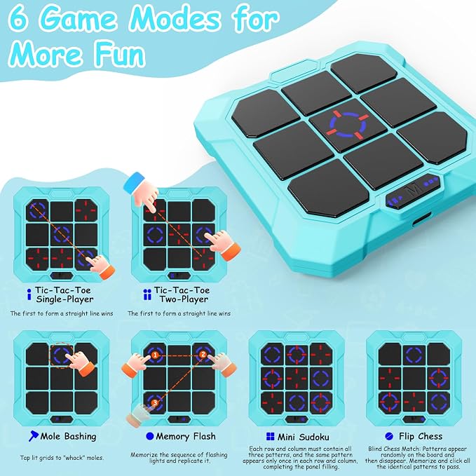 Tic Tac Toe Game, 6-in-1 Electronic Tic Tac Toe with Mute & Rechargeable - Handheld Travel Board Game for Kids Ages 4+, Adults, Family - Educational Learning Toy for Boys Girls，Blue