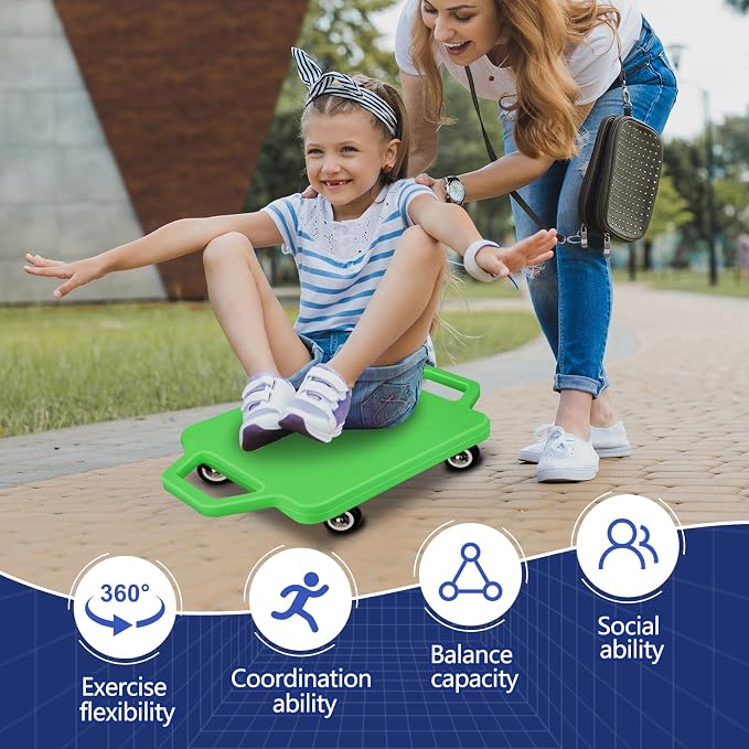 2 Pcs Sports Scooter Board with Handles Colored Floor Sitting Scooter Board with Plastic Casters for Kids Gym Indoor Outdoor Activities Play Equipment