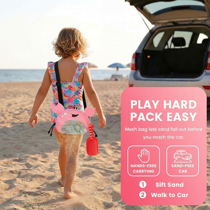 AMOR PRESENT Mesh Baby Beach Bag, Shell Collecting Bag with Shovel Crab-Shaped Adjustable Strap for Holding Shell Sea Pool Sand Toy, Pink
